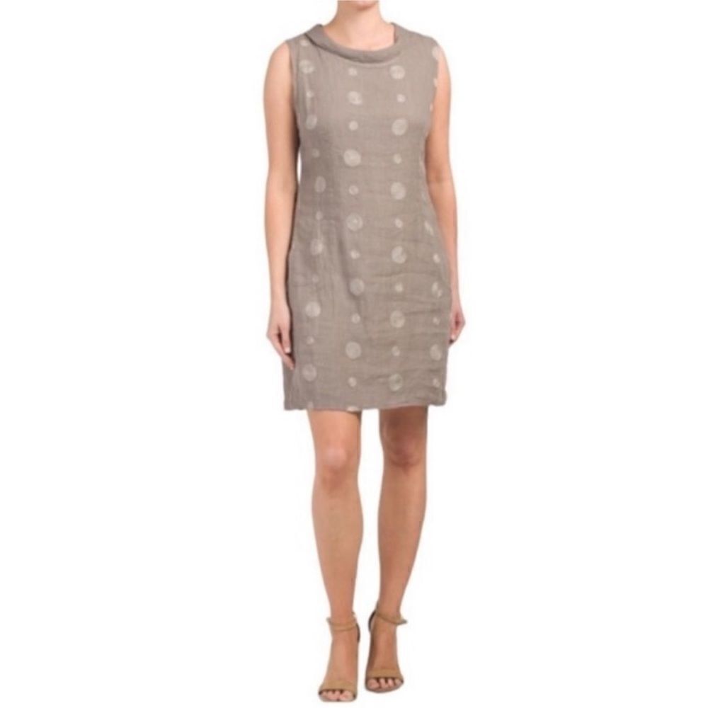 Lina Tomei Italian Linen Gray Polka Dot Sleeveless Sheath Dress Size M